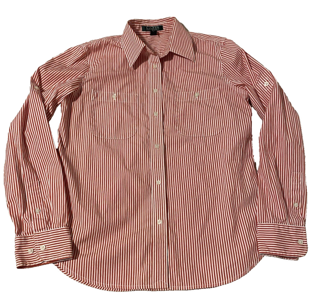 Lauren Ralph Lauren Womens Collared Top Sz Small White/Red Stripe Office Preppy
